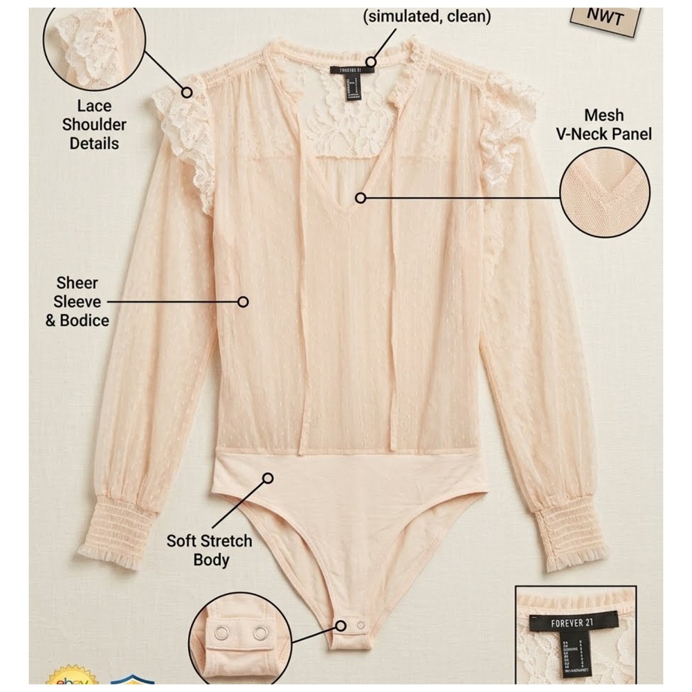Blush Pink Sheer Lace Mesh Bodysuit Long Sleeve Smocked Cuffs Small